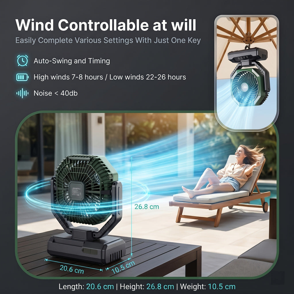 Rechargeable Tent Fan with 20000mAh Battery, Four Speeds, Remote Control and Hanging Hook for Camping, Beach Days and Outdoor Cooling