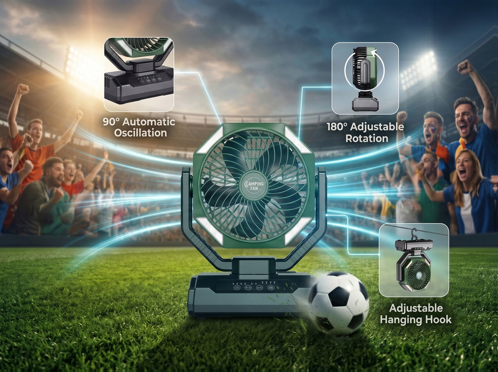 Rechargeable Tent Fan with 20000mAh Battery, Four Speeds, Remote Control and Hanging Hook for Camping, Beach Days and Outdoor Cooling