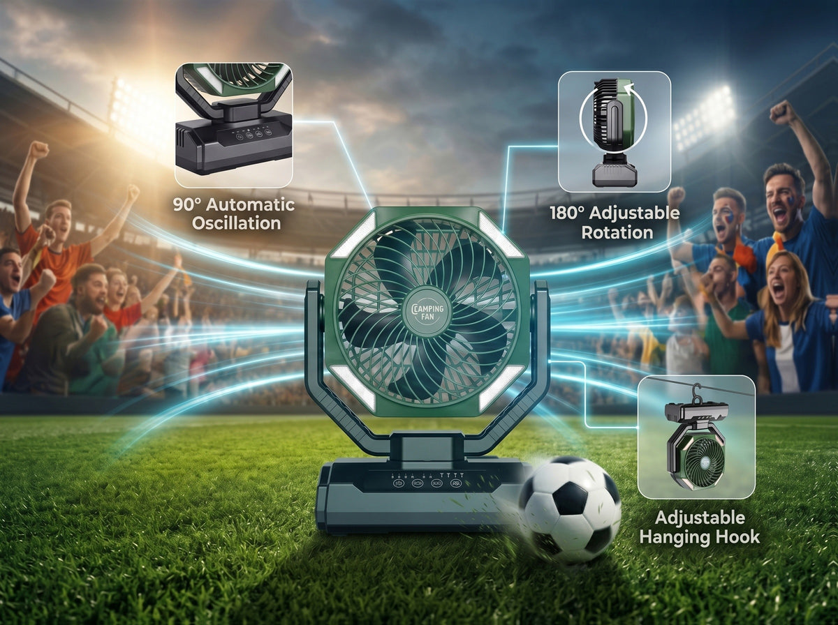 Rechargeable Tent Fan with 20000mAh Battery, Four Speeds, Remote Control and Hanging Hook for Camping, Beach Days and Outdoor Cooling