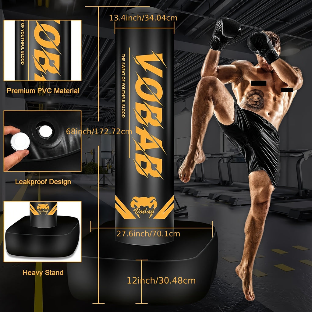Boxing Punching Bag with Stand, 70-Inch Freestanding Black and Yellow Training Bag for Adult Home Gym MMA, Muay Thai and Karate Practice