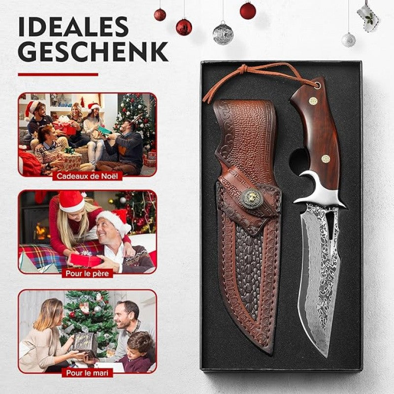 Full-Tang Damascus Hunting Knife with Leather Sheath, Hand-Forged Patterned Steel Blade and Premium Handle for Outdoor Field Tasks and Collectors