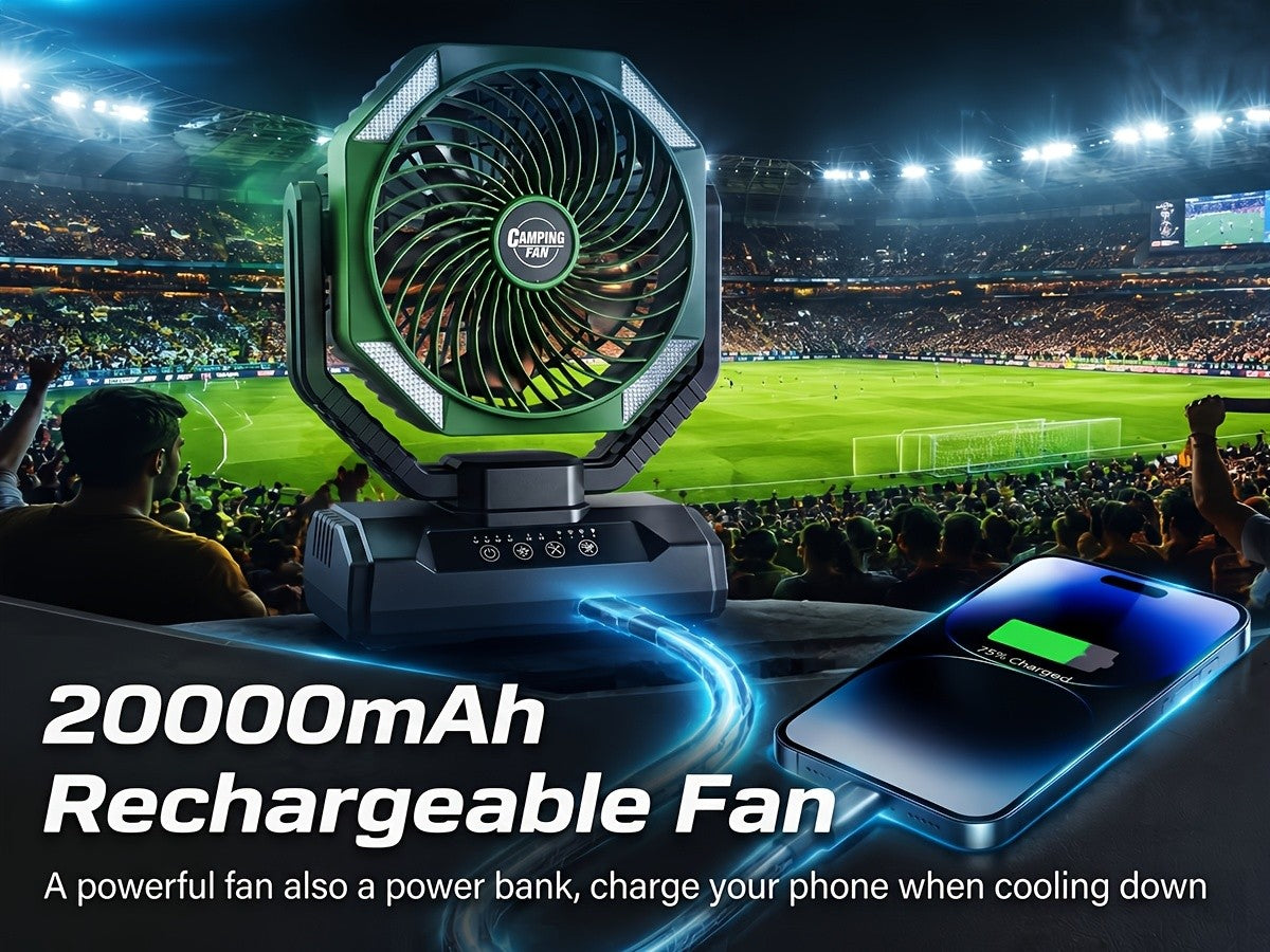 Rechargeable Tent Fan with 20000mAh Battery, Four Speeds, Remote Control and Hanging Hook for Camping, Beach Days and Outdoor Cooling