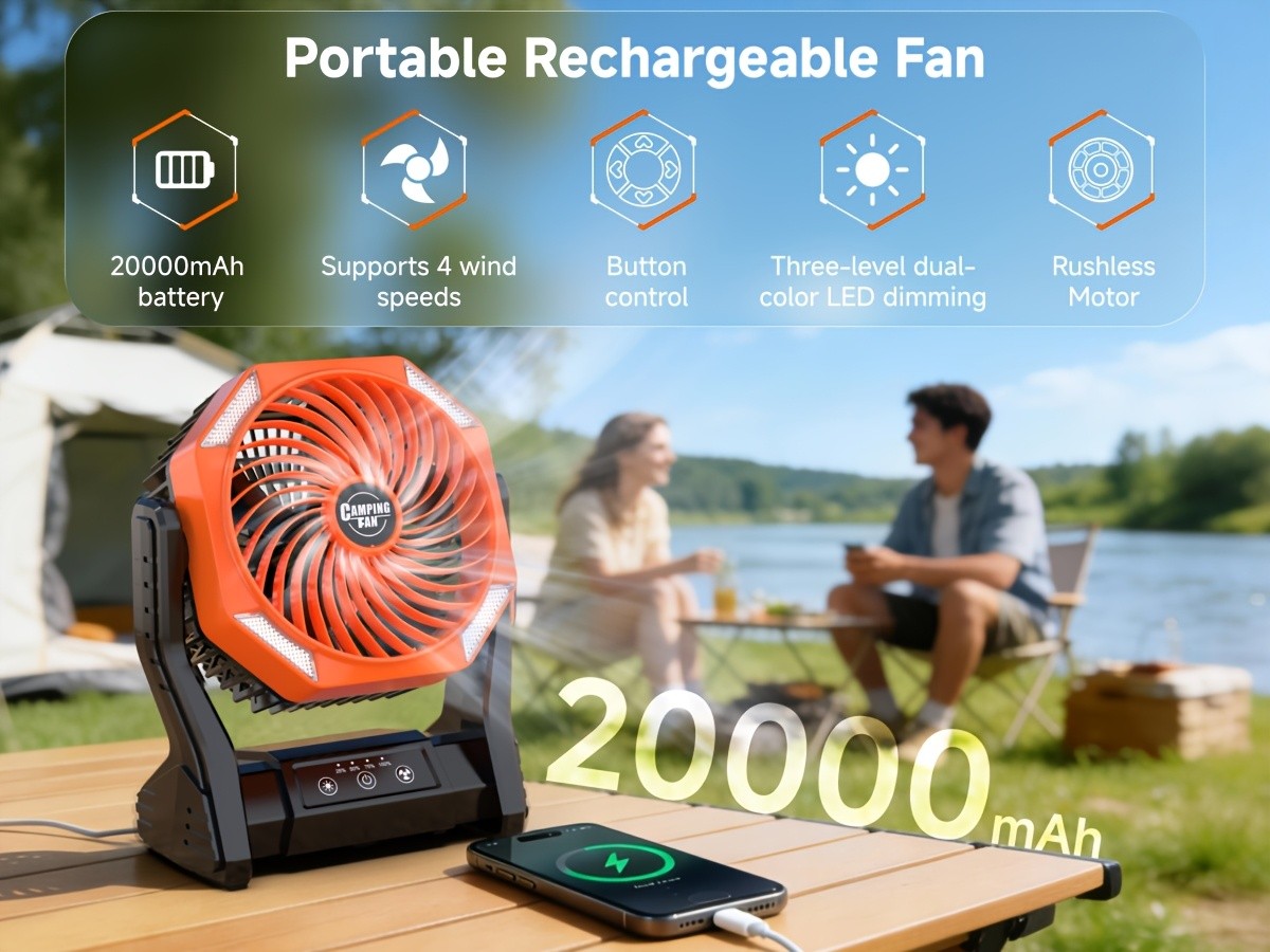 Portable Outdoor Desk Fan with LED Light, Camping Cooling Gear with Orange, Green, Black, Gray and Pink Color and Model Options