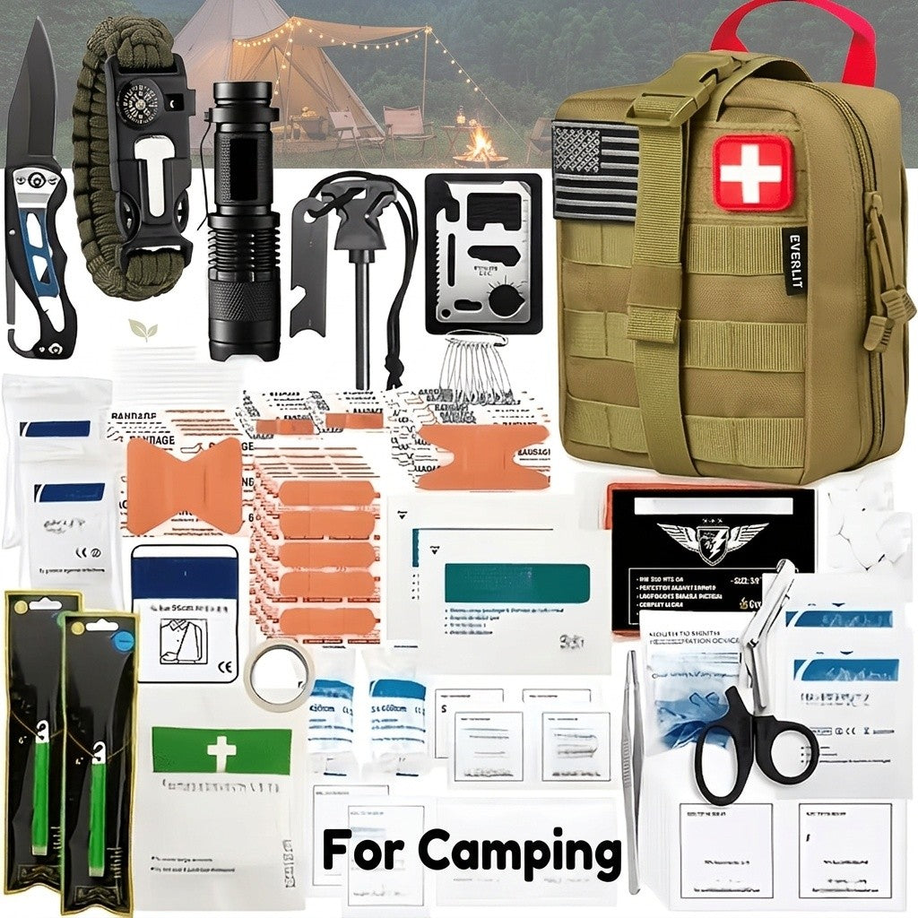 Outdoor Survival Gear Kit with Fire Starter, Compass and Multi-Tools for Camping, 13-in-1 or 258-in-1 Labeled Options and Gift Ideas