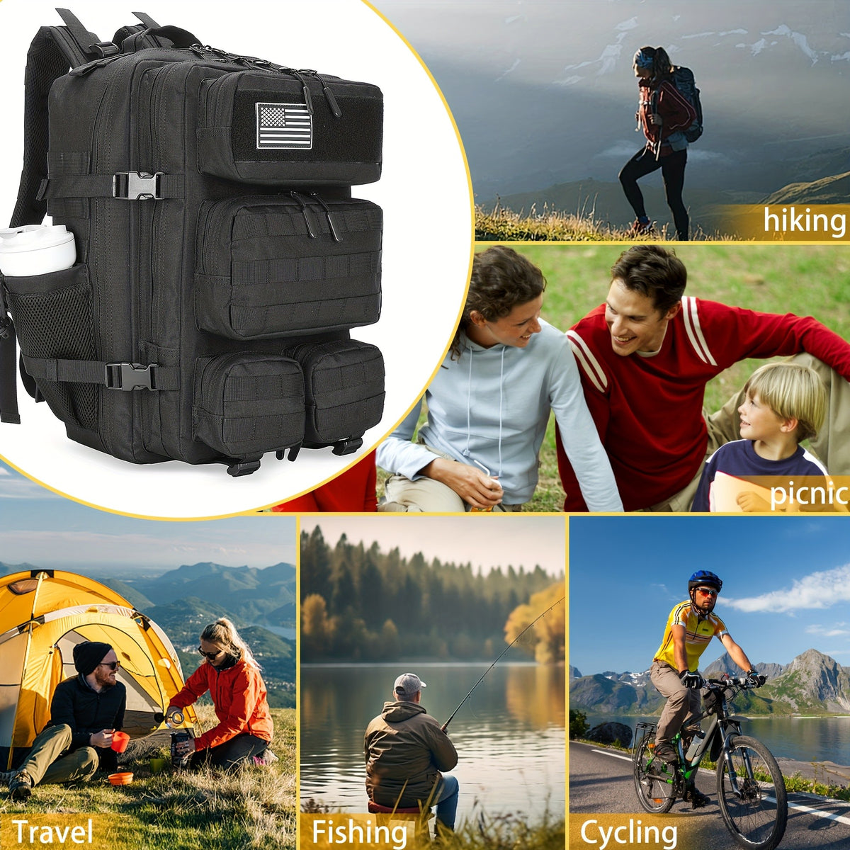 Army Green Hiking Backpack with Listed 13.21-Gallon Capacity, Unisex Outdoor Daypack for Camping Trips, Travel and Sports Outings