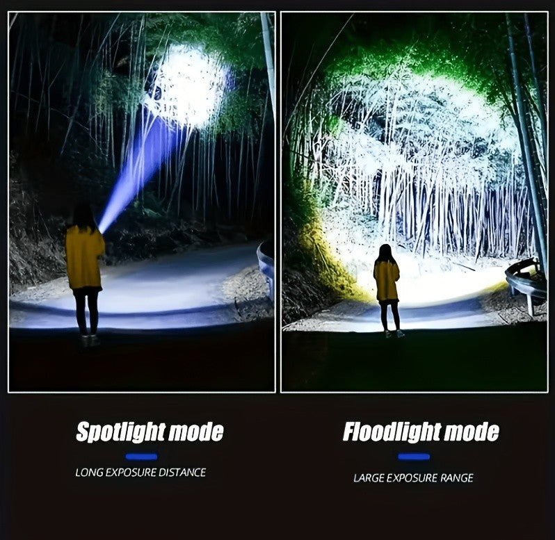 5-Mode Rechargeable LED Flashlight with Digital Power Display, Zoomable Aluminum Alloy Handheld Torch in Green with Hanging Strap and Lithium Battery