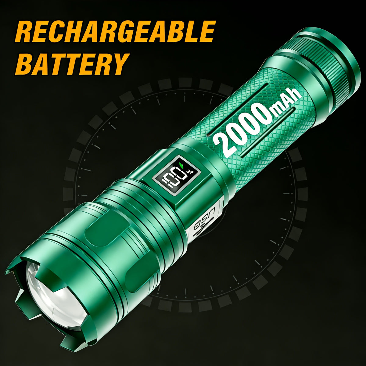 5-Mode Rechargeable LED Flashlight with Digital Power Display, Zoomable Aluminum Alloy Handheld Torch in Green with Hanging Strap and Lithium Battery