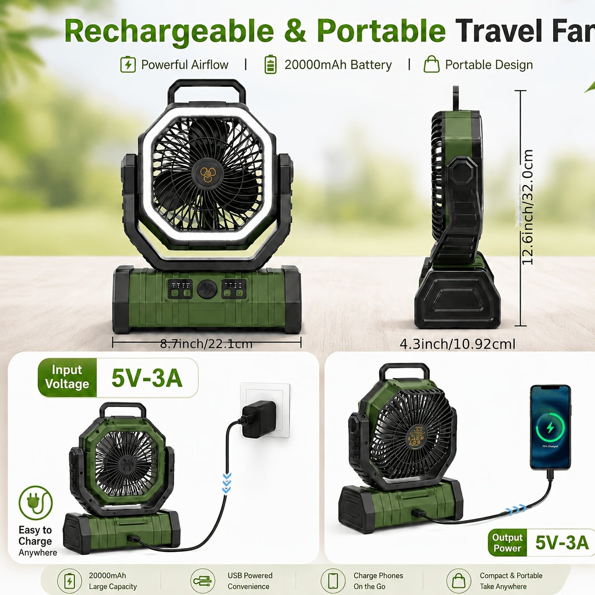 4-Speed Camping Fan with 20000mAh Battery, USB-C Charging and 16 LED Lights, Portable 90-Degree Rotating Tent Fan with Device Charging Outputs