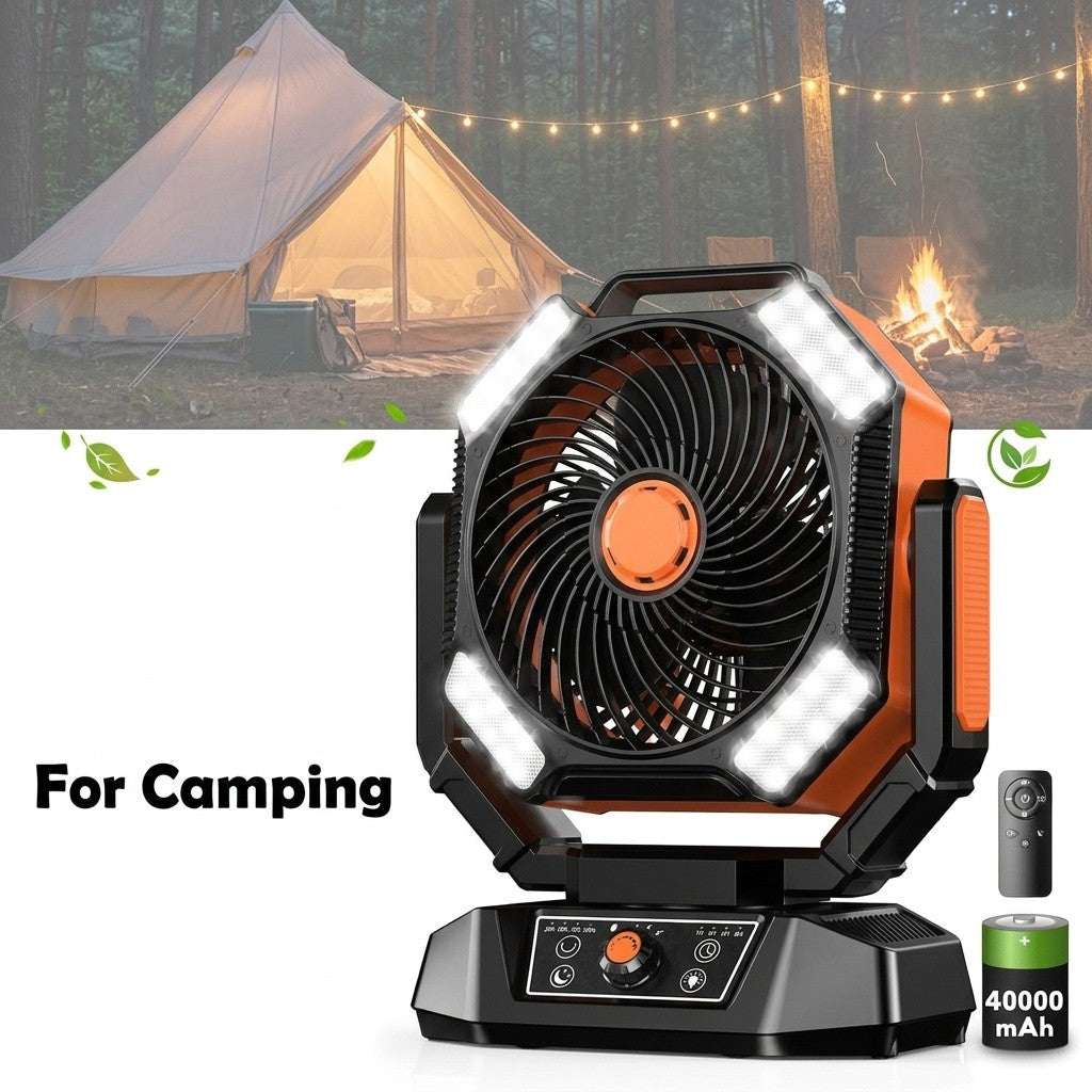 40000mAh Camping Fan with Remote Control and 4-Mode LED Light, USB Rechargeable Portable Desktop Fan for Tents and Power Outages, No Adapter