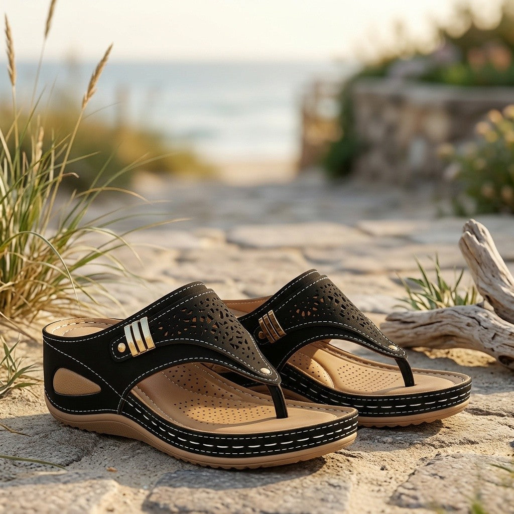 Cutout Wedge Sandals for Women, Open-Toe Slip-On Summer Shoes with Thick Soles and Decorative Metallic Details for Beach Vacations and Casual Outfits