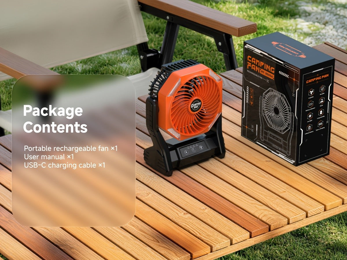 Portable Outdoor Desk Fan with LED Light, Camping Cooling Gear with Orange, Green, Black, Gray and Pink Color and Model Options