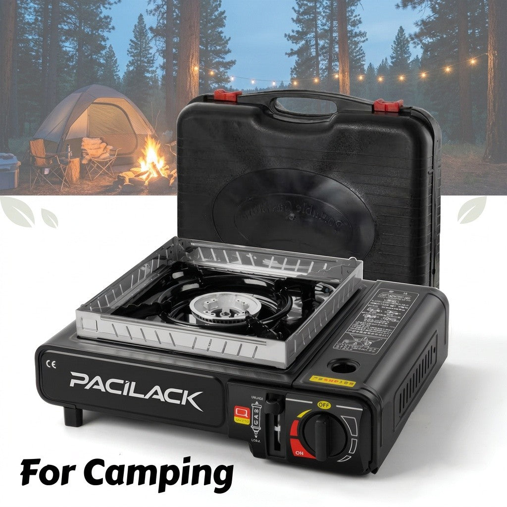 Butane Camping Stove with Windscreen and Carrying Case, Portable Outdoor Cooking Equipment for Campsite Meals and Tailgating in Black or Red
