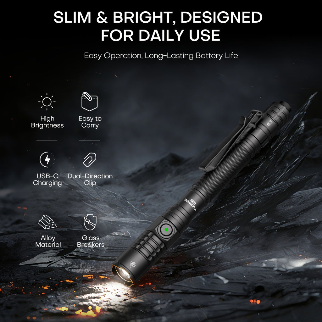 1000 Lumen USB-C Rechargeable Flashlight with Tactical Tail Switch and Pocket Clip for Everyday Carry, Camping, Hiking and Emergency Lighting
