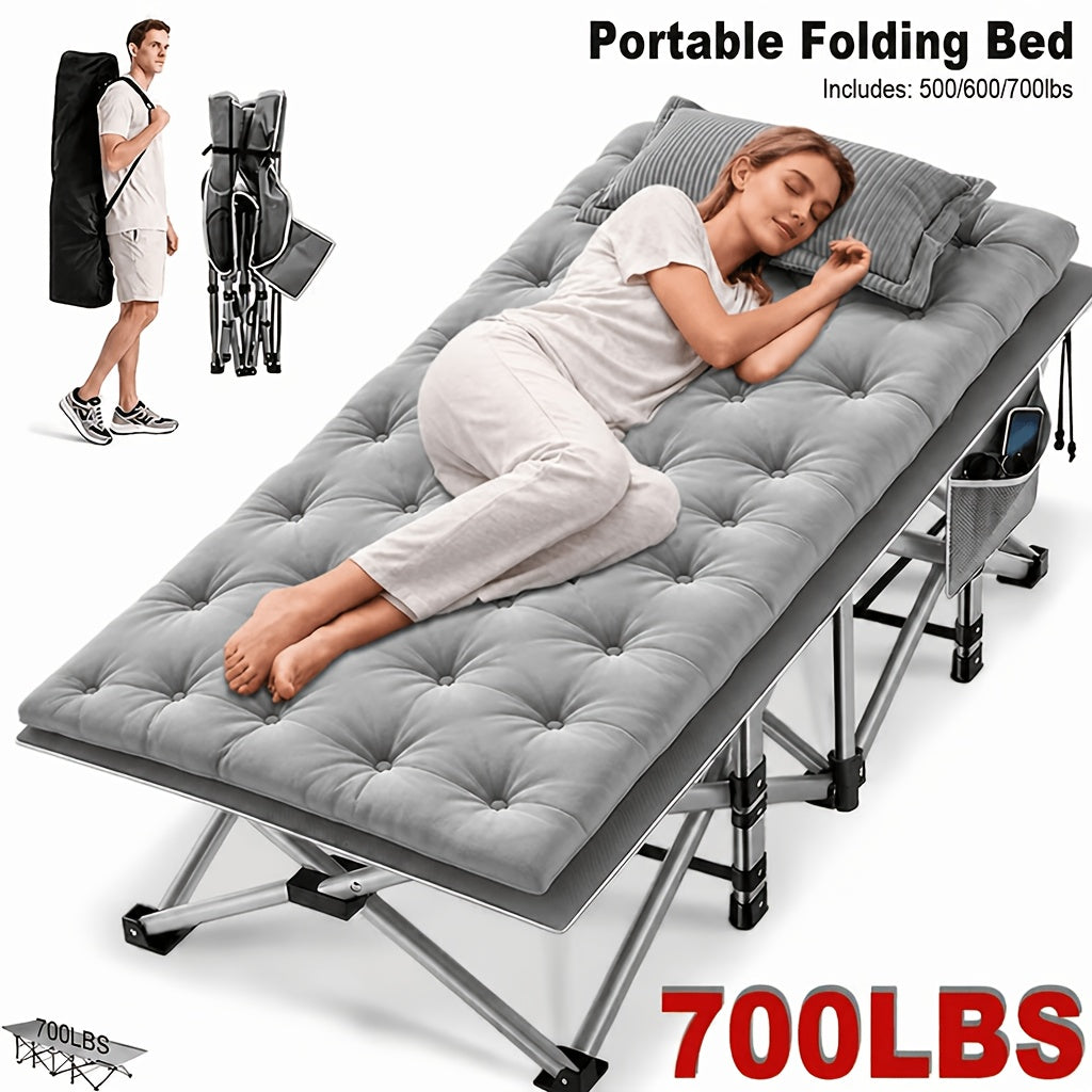 Steel-Frame Camping Cot, Heavy-Duty Folding Outdoor Bed with Side Pocket and Anti-Slip Feet, Black, Grey or Blue, Multiple Model Options