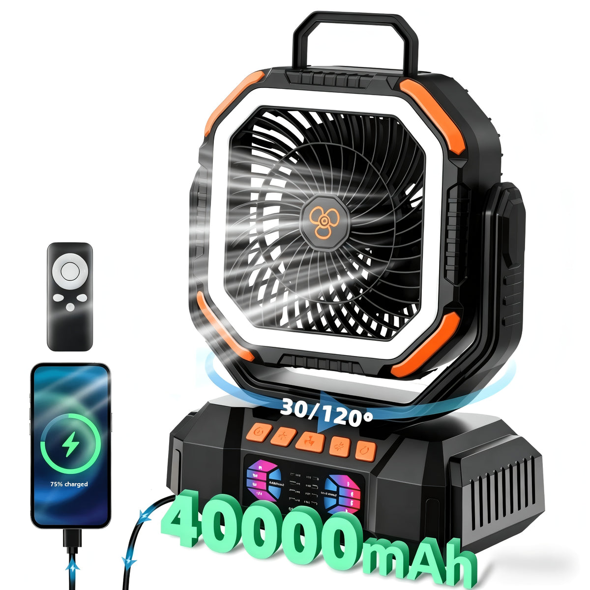 40000mAh Rechargeable Camping Fan with Remote Control, 4 Speeds, Adjustable LED Lights, Timer and Tent Hook for Standing or Hanging Outdoor Use