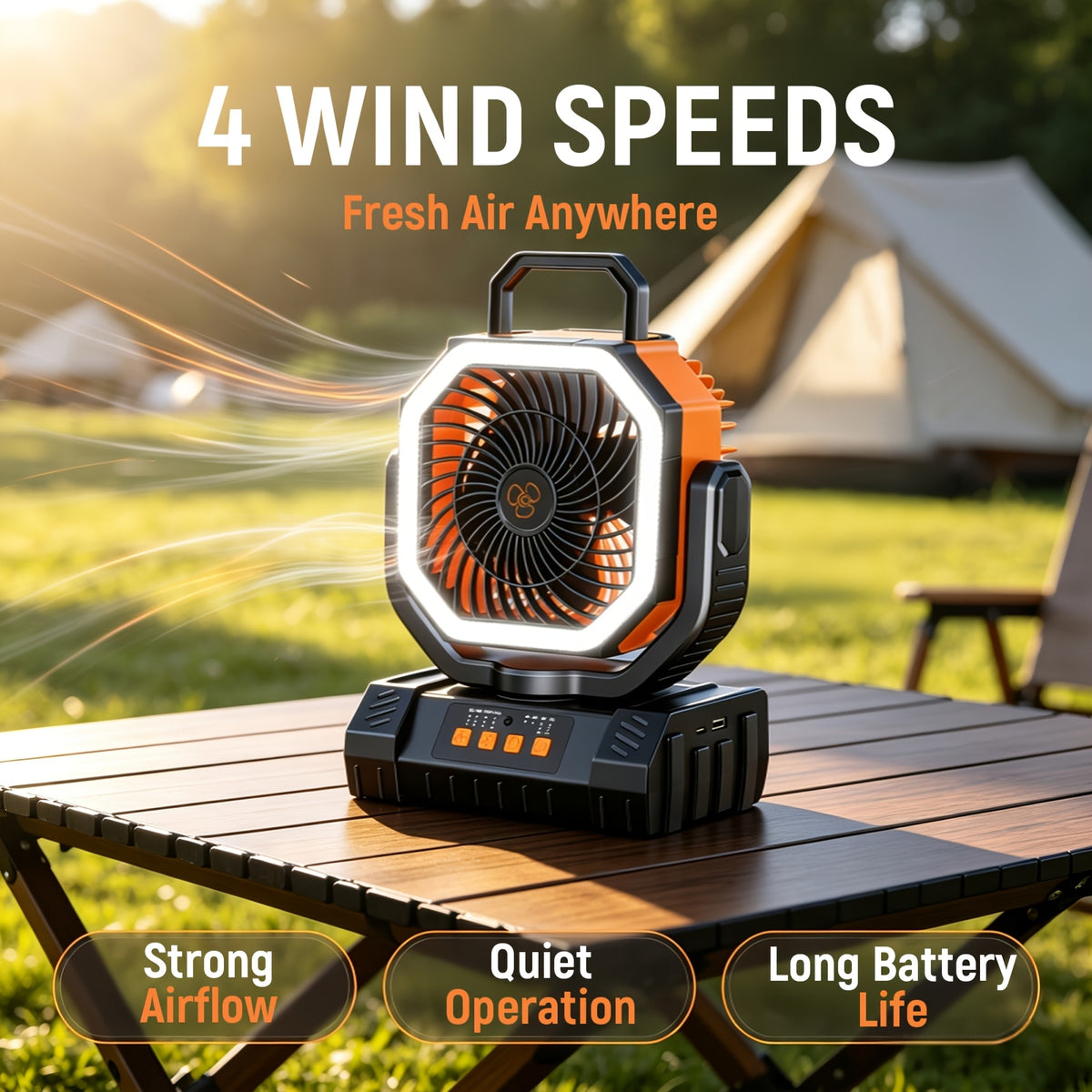 3-in-1 Camping Fan with Dimmable LED Tent Light and 20000mAh Power Bank, Four-Speed Portable Fan with 360-Degree Adjustment for Campsite and Backyard Use
