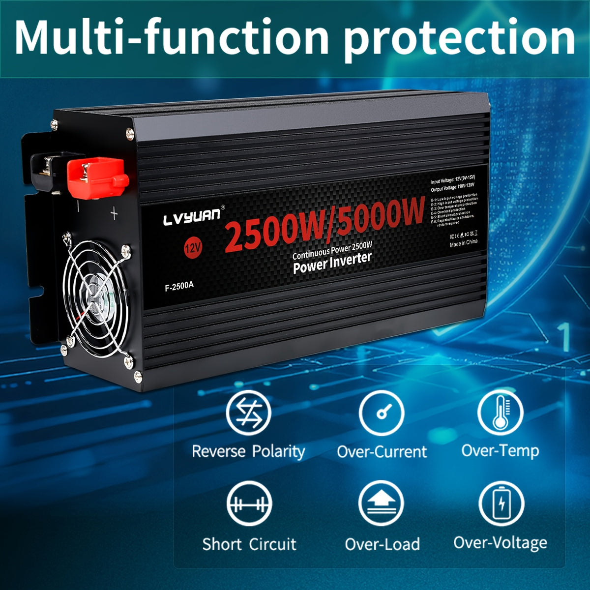 Portable Power Inverter, LVYUAN 12V DC to 110V/120V AC Converter with 500W or 2500W Options, 3 AC Outlets, Dual USB Ports and LED Display