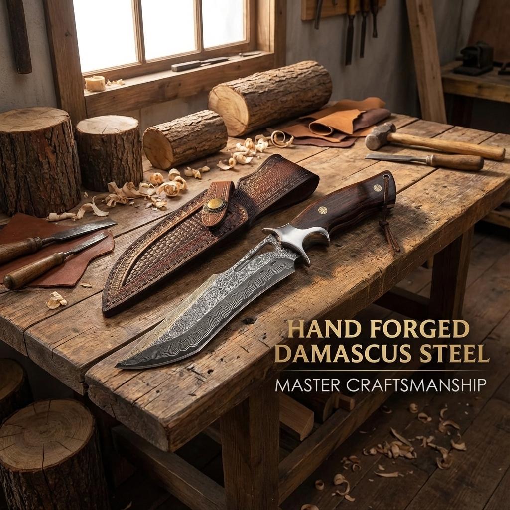 Full-Tang Damascus Hunting Knife with Leather Sheath, Hand-Forged Patterned Steel Blade and Premium Handle for Outdoor Field Tasks and Collectors