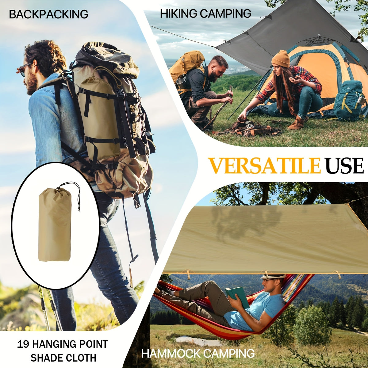 Multi-Point Camping Tarp Shelter for Outdoor Shade and Hammock Cover, 300 x 300 or 300 x 400 cm Options with 6 or 19 Hanging Points