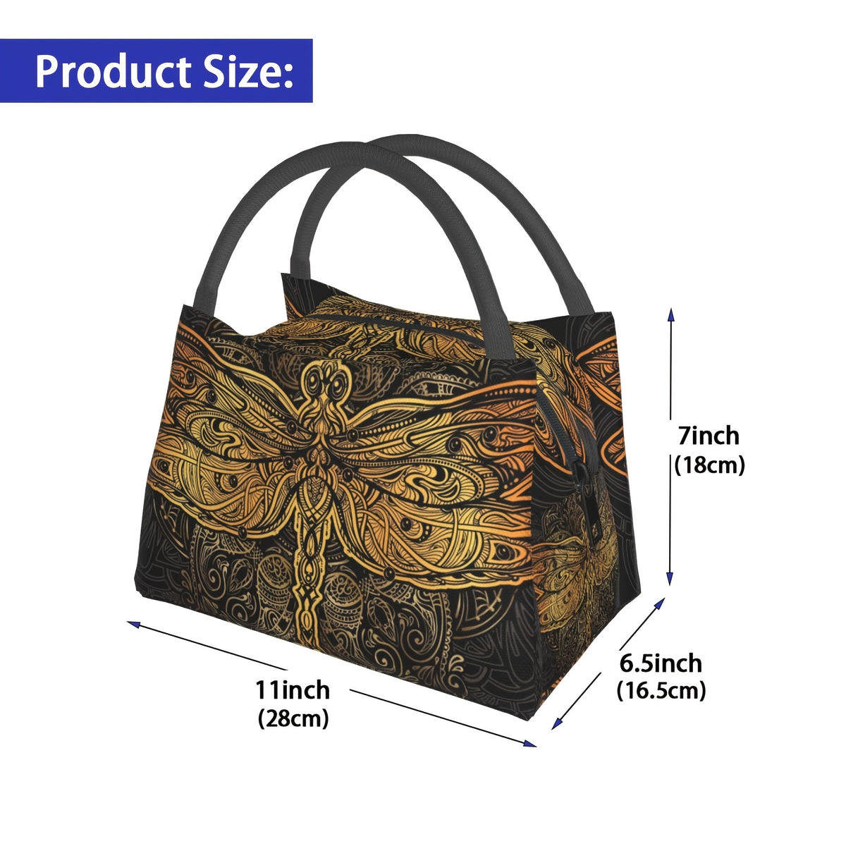 Mandala Dragonfly Insulated Cooler Bag, Reusable 11 x 6.5 x 7 Inch Lunch Carrier for Office Meals, Picnics, Beach Outings and Everyday Use