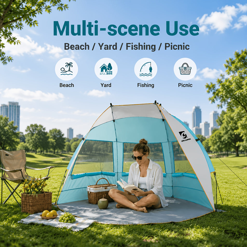 3-Person Beach Sun Shelter with UPF 50+ Fabric, Extended PE Floor and Three Mesh Roll-Up Windows, Portable 4 lb Tent for Beach Days and Outdoor Picnics