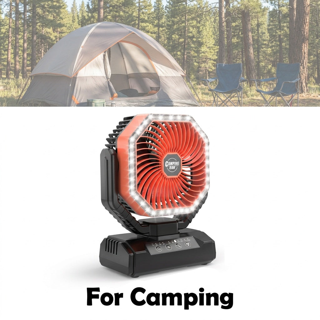 Rechargeable Tent Fan with 20000mAh Battery, Four Speeds, Remote Control and Hanging Hook for Camping, Beach Days and Outdoor Cooling
