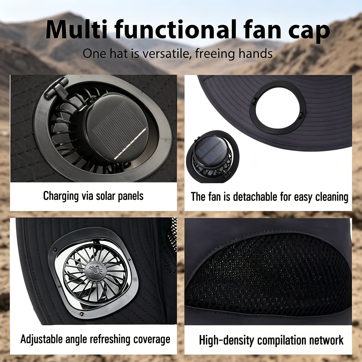 4-Fan Solar Powered Sun Hat with Wide Brim, USB Charging and 3 Adjustable Speeds for Fishing, Hiking and Summer Outdoor Activities