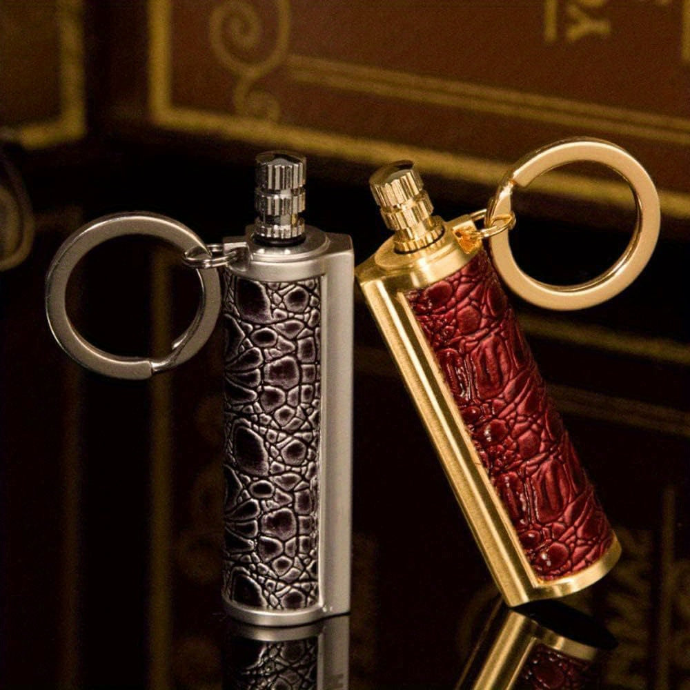 Metal Matchstick Fire Starter Keychain, Permanent Match Lighter with Decorative Textured Case for Adult Camping and Hiking Gifts, Fuel Not Included
