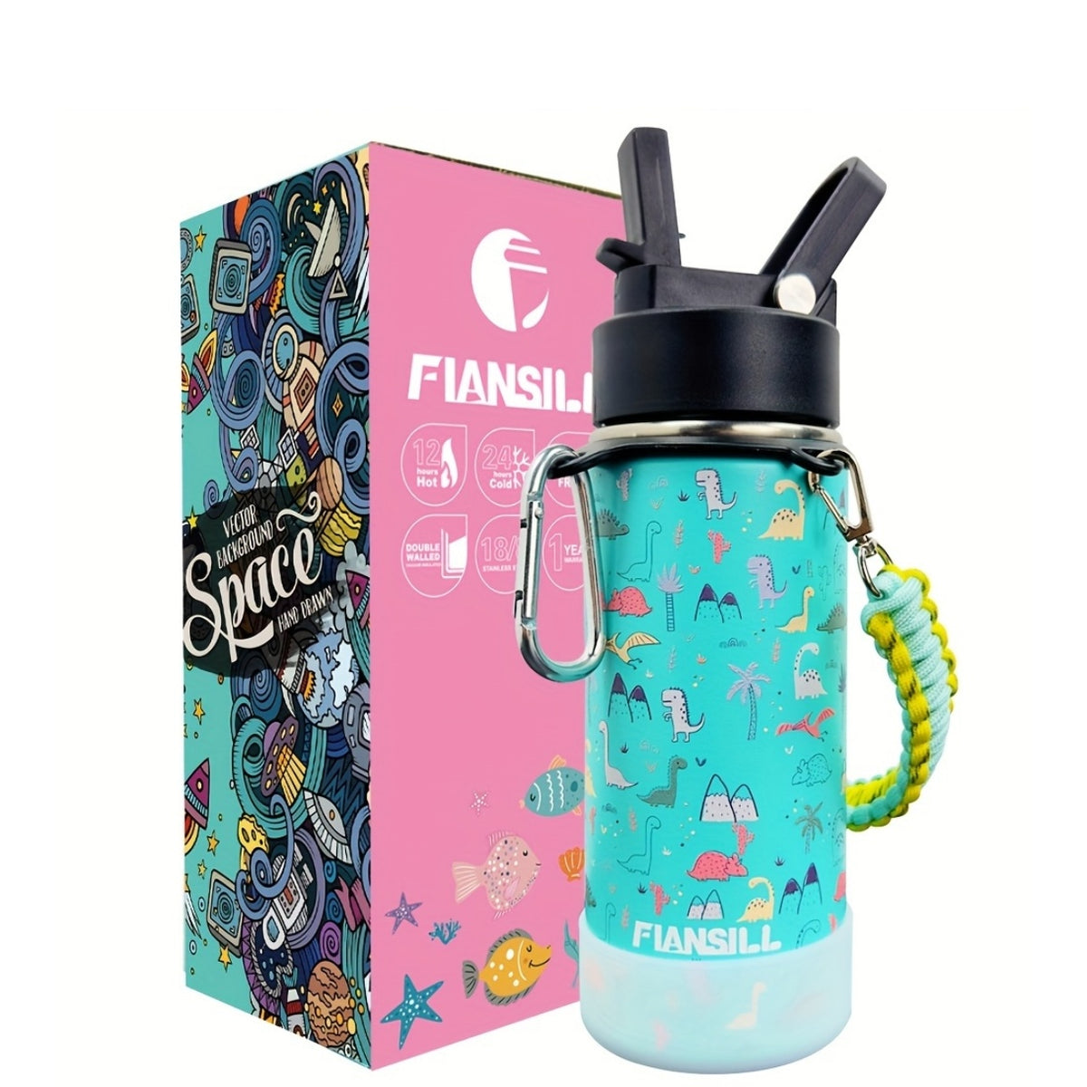 16oz Student Insulated Water Bottle, Stainless Steel Vacuum Flask with One-Hand Lid, Carry Strap and Seven Designs for School and Outdoor Trips
