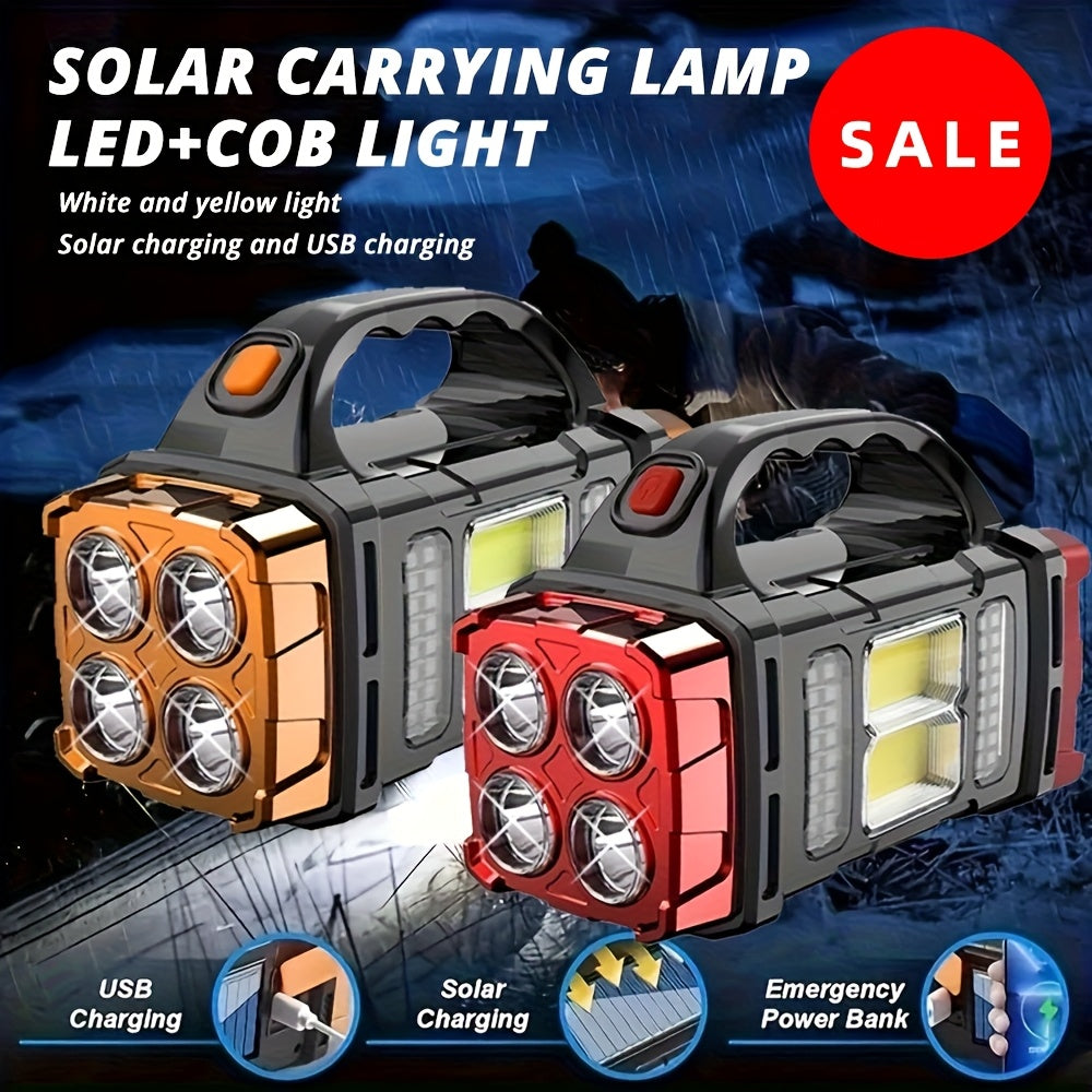 Solar Rechargeable Lantern Flashlight with 1800mAh Battery, USB Charging, 4-Mode COB Work Light & Emergency Power Bank for Camping