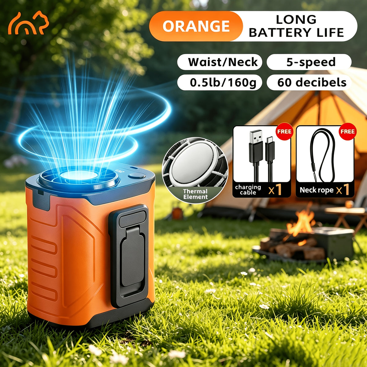 5000mAh Portable Waist Fan with 199 Speed Settings, Listed 18000 RPM Brushless Motor and LED Power Display in Orange, Green or Black, 1 or 2 Pieces
