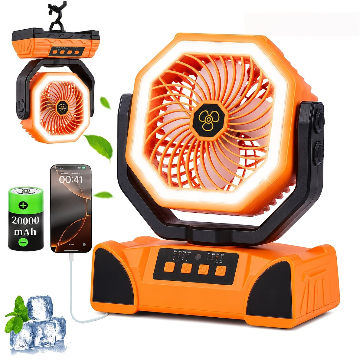 4-Speed Camping Fan with 20000mAh Battery, USB-C Charging and 16 LED Lights, Portable 90-Degree Rotating Tent Fan with Device Charging Outputs