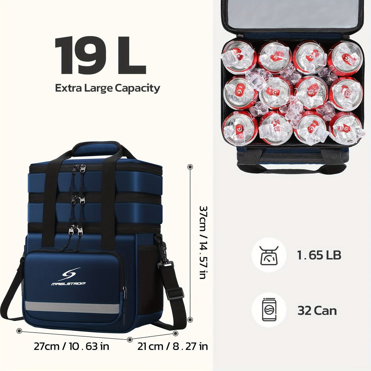 Triple-Compartment Insulated Lunch Bag, 19L Leakproof Cooler Tote with Detachable Shoulder Strap for Men and Women, Work Meals, Travel and Picnics