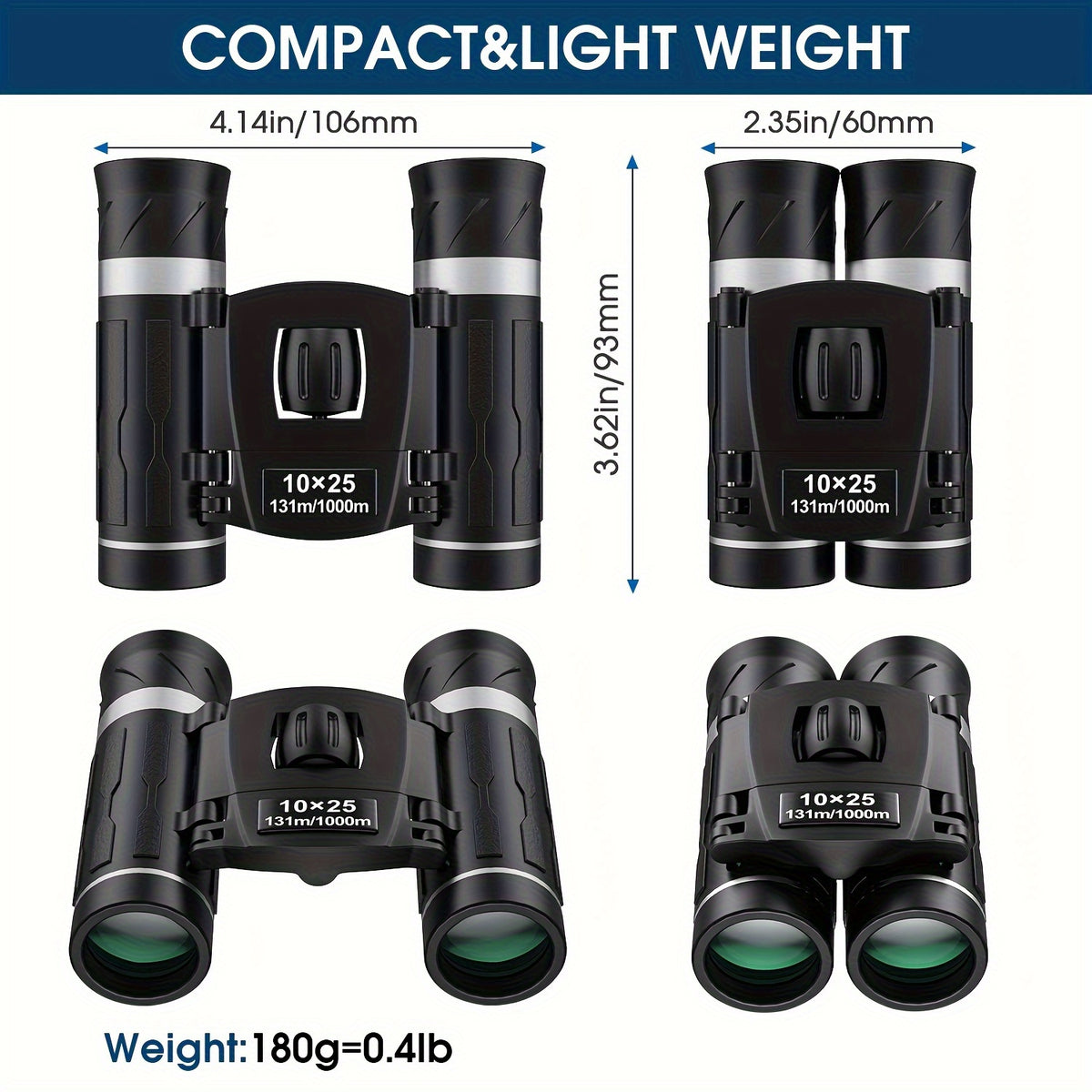 10x25 Compact Binoculars with Waist Bag and Strap, Lightweight Black Pocket Optics for Bird Watching, Hunting, Travel, Sports and Concerts