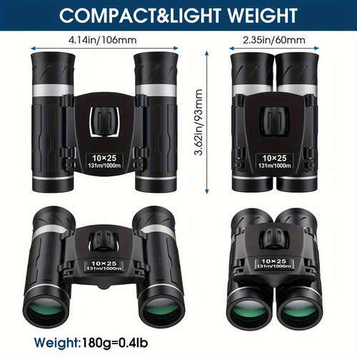 10x25 Compact Binoculars with Waist Bag and Strap, Lightweight Black Pocket Optics for Bird Watching, Hunting, Travel, Sports and Concerts