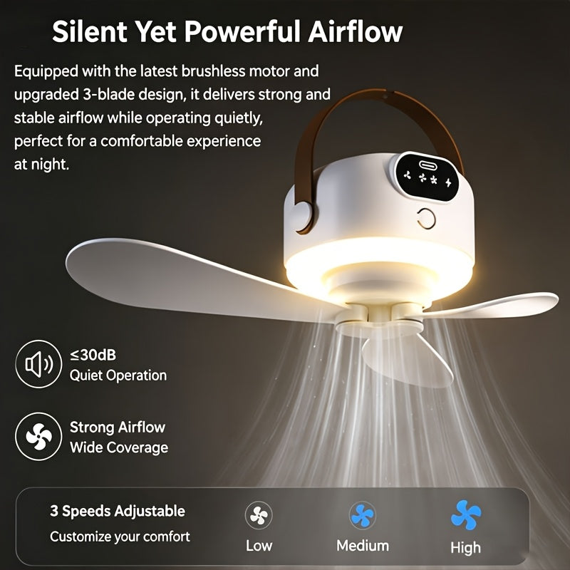 Tent Ceiling Fan with LED Illumination, Rechargeable Portable Camping Fan with 3 Removable Blades and 3 Speeds for RVs, Gazebos and Dorm Rooms