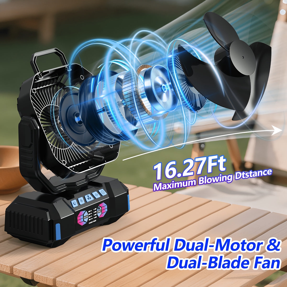 40000mAh Rechargeable Camping Fan with Remote Control, 4 Speeds, Adjustable LED Lights, Timer and Tent Hook for Standing or Hanging Outdoor Use