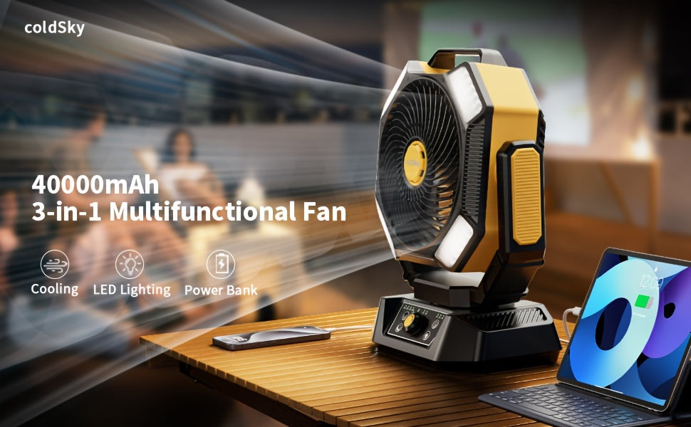 40000mAh Camping Fan with Remote Control and 4-Mode LED Light, USB Rechargeable Portable Desktop Fan for Tents and Power Outages, No Adapter
