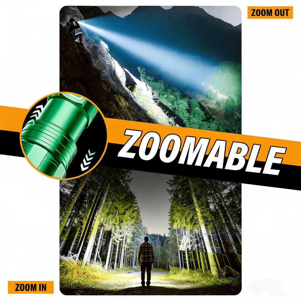 5-Mode Rechargeable LED Flashlight with Digital Power Display, Zoomable Aluminum Alloy Handheld Torch in Green with Hanging Strap and Lithium Battery