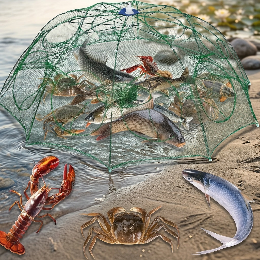 10-Hole Foldable Fishing Trap Net for Crab, Shrimp and Fish, Portable Mesh Catching Gear for Freshwater and Saltwater Anglers, 1 Piece