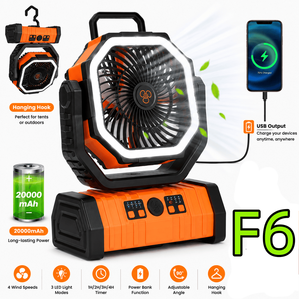 4-Speed Camping Fan with 20000mAh Battery, USB-C Charging and 16 LED Lights, Portable 90-Degree Rotating Tent Fan with Device Charging Outputs