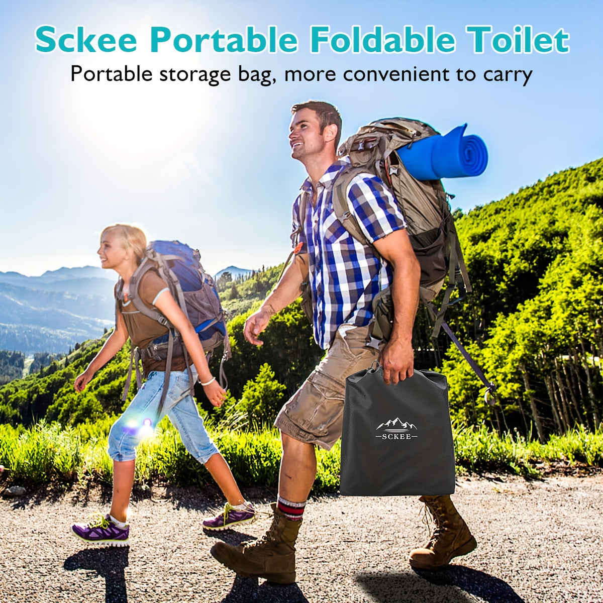 XL Camping Toilet for Adults, 16.5-Inch Tall Portable Potty with Lid and Carry Bag, Black Side Mesh Pocket and Handle for Outdoor Trips