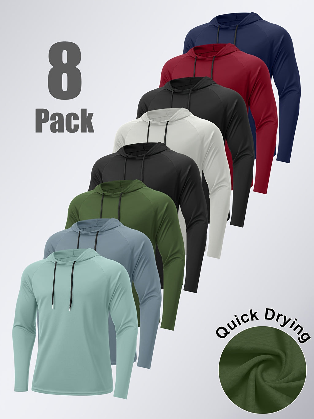 Men's Quick-Dry Hoodies 8-Pack, Lightweight Breathable Moisture-Wicking Hooded Sweatshirts in Solid Mixed-Color Sets, Outdoor Activewear Sizes S–XXL