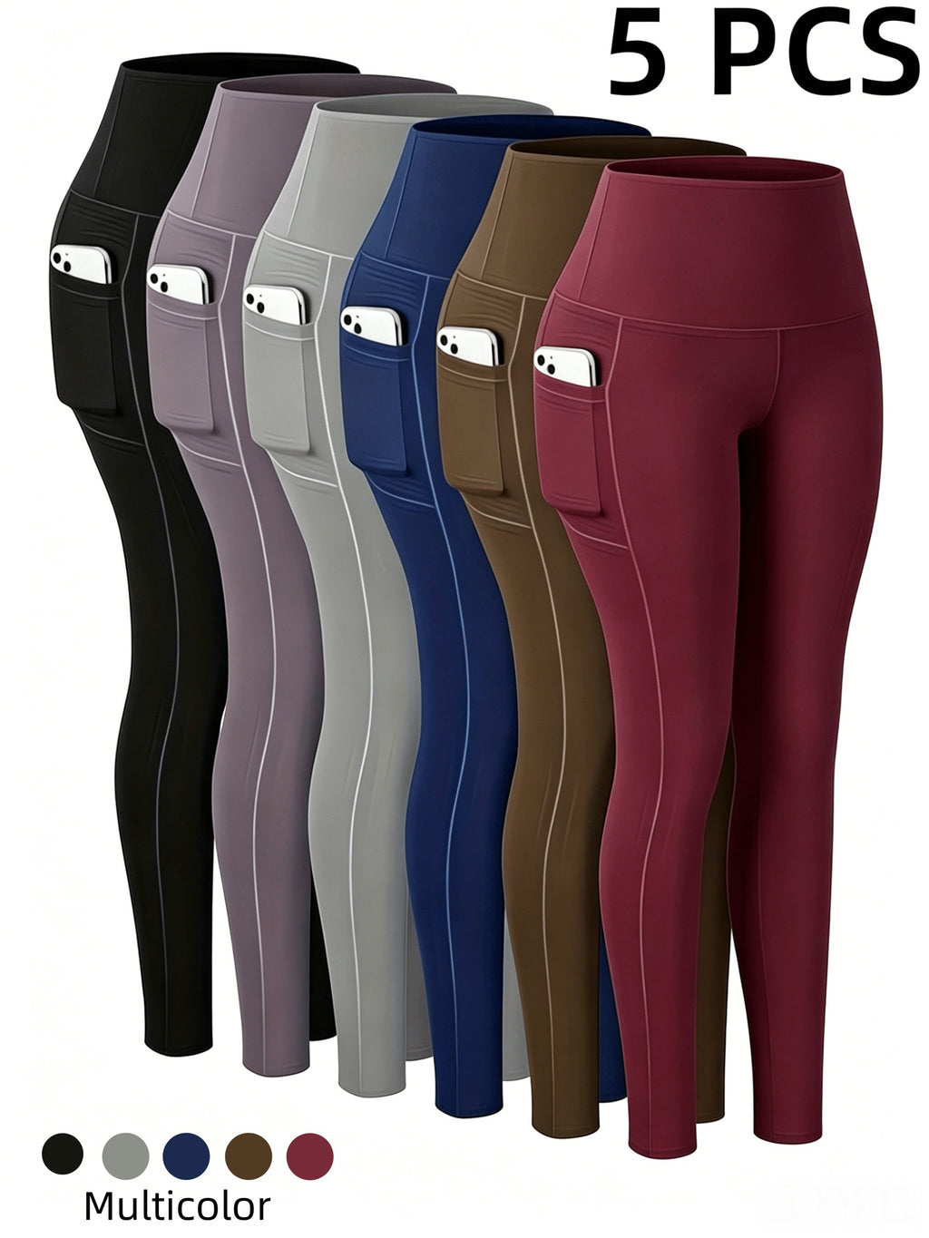 Side-Pocket Workout Leggings for Women, 5-Pack Mixed-Color High-Waisted Stretch Yoga Pants with Soft Feel for Gym, Pilates and Everyday Active Outfits