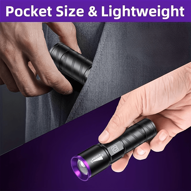 395nm UV Blacklight Flashlight with Adjustable Zoom, USB Rechargeable Aluminum Body and 3 Modes for Fluorescent Stain and Mineral Inspection