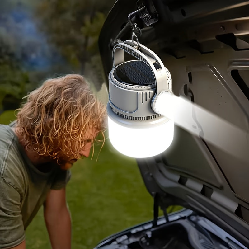 6-Mode Solar Camping Light with USB-C Charging, Hanging Hook and Battery Display, Portable Rechargeable LED Lamp with Phone Backup Power