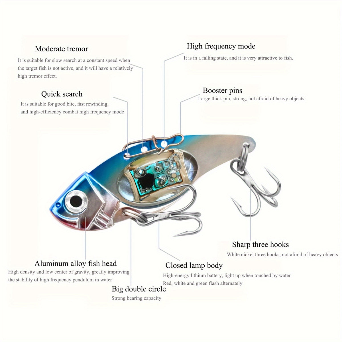 Electronic Fishing Lure Fish-Shaped Bait with Sound, Vibration and Illuminated Detail, Aluminum Alloy Angling Gear in Blue or Red Multi-Pack Options