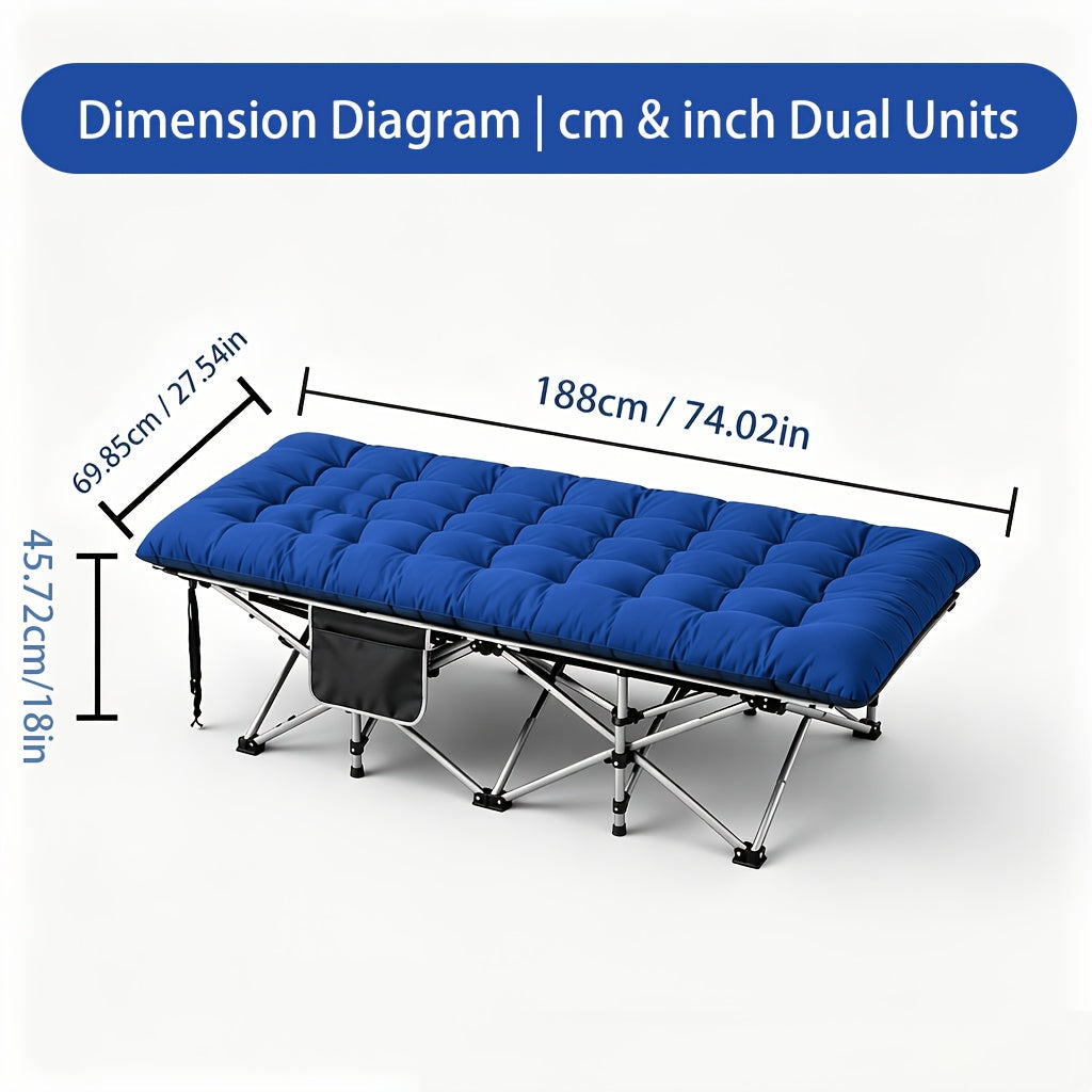 Steel-Frame Camping Cot, Heavy-Duty Folding Outdoor Bed with Side Pocket and Anti-Slip Feet, Black, Grey or Blue, Multiple Model Options