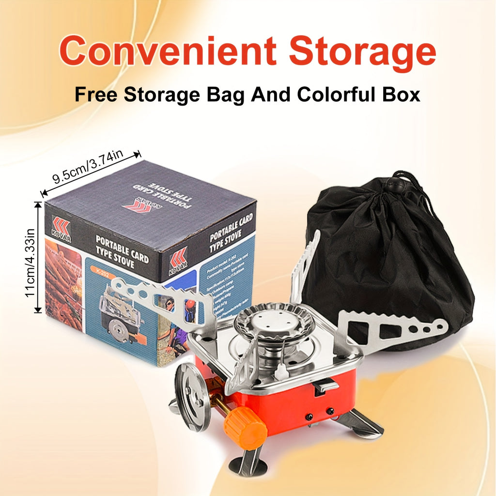 Mini Butane Camping Stove with Folding Supports and Adjustable Flame, Palm-Sized Red Portable Gas Burner for Hiking, Picnics and Outdoor Cooking
