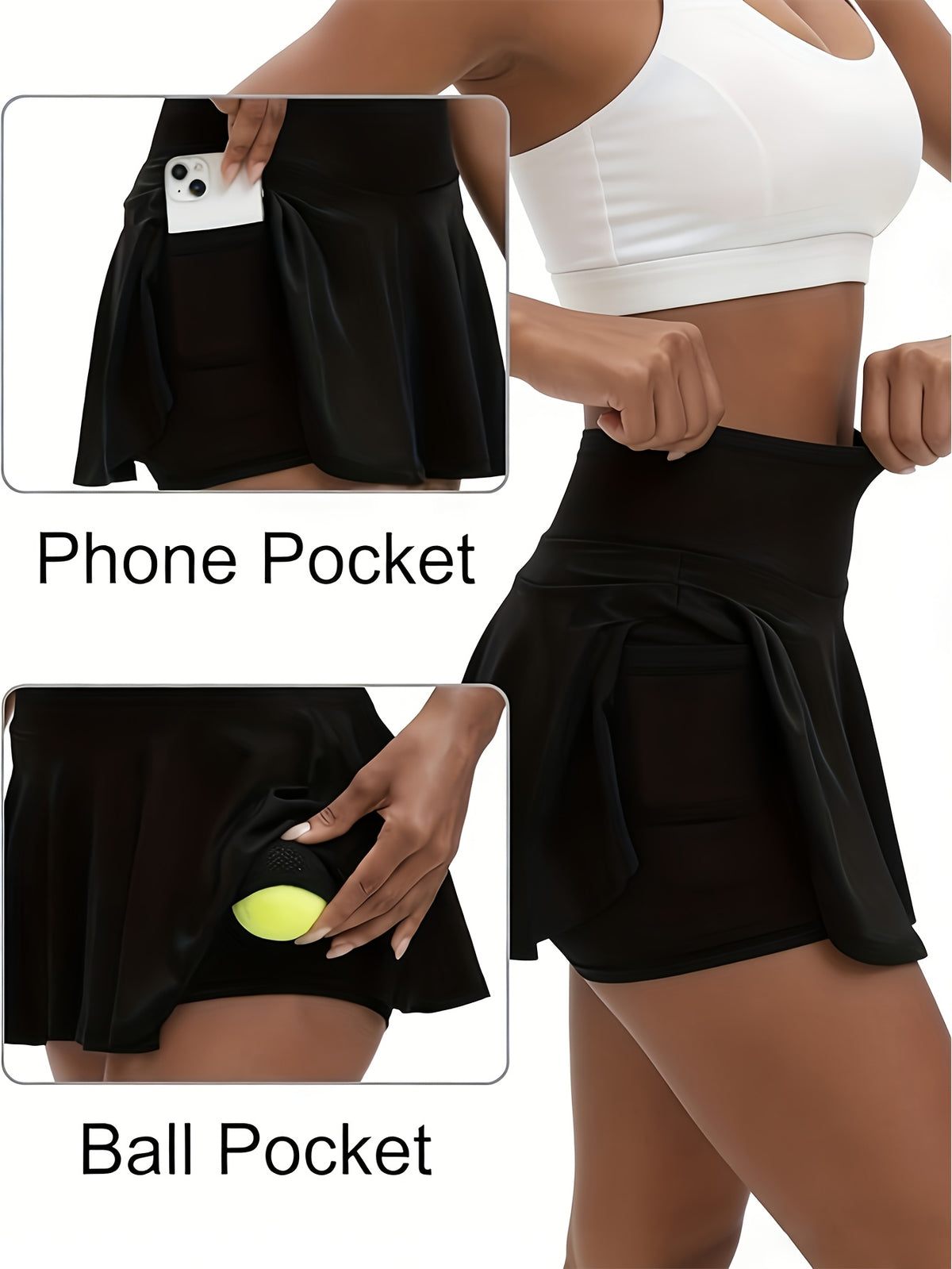 14-Inch Pleated Tennis Skorts for Women, 3-Piece High-Waist Stretch Set with Built-In Shorts, Two Inner Pockets and Side Tie Detail, S–XXL
